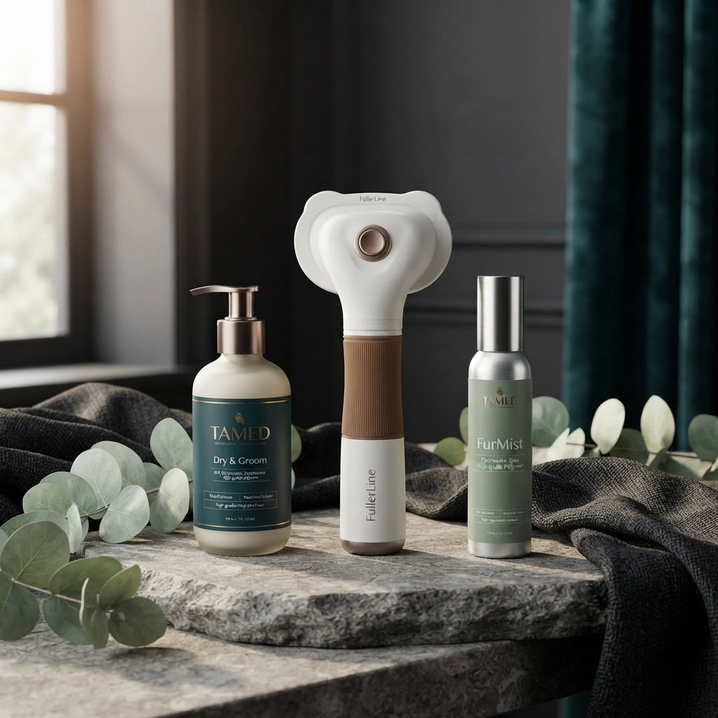 Three TAMED grooming products arranged on a stone surface with sage green plants and dark charcoal fabric in a minimalist set